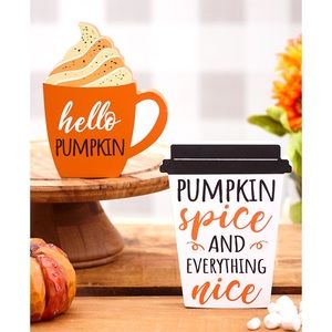 NWT! Set of 2 Festive Fall Hot Drinks Block Decor